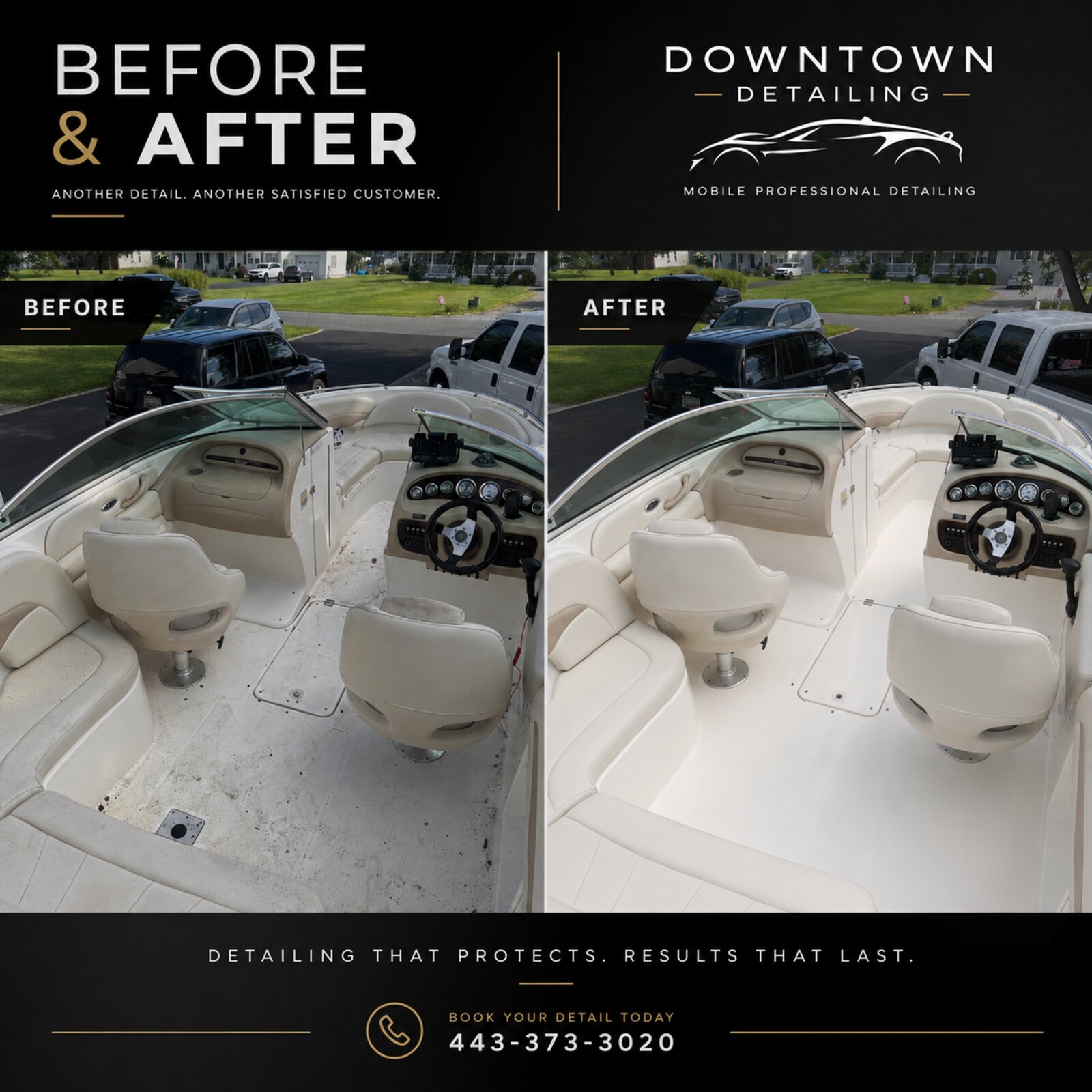 Boat detailing service on a blue and white motorboat